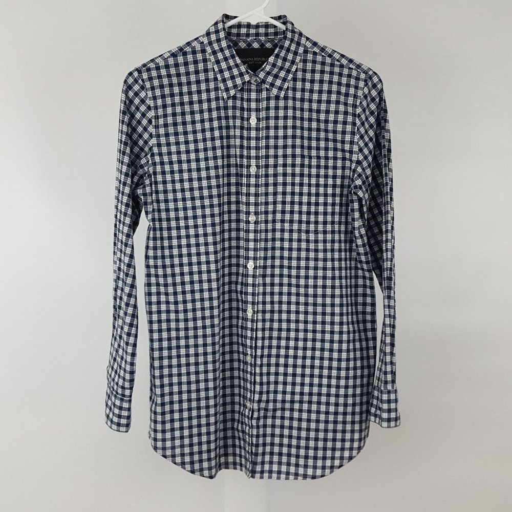 Banana Republic Soft Wash Lightweight Button-Up Shirt Women's XS Check Blue